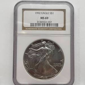 lot 46 image: 1992 American Silver Eagle  NGC Certified MS 69  Seventh Year of Issue