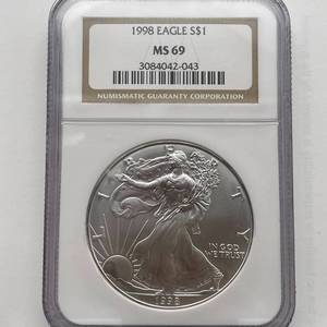 lot 49 image: 1998 American Silver Eagle  NGC Certified MS 69  Thirteenth Year of Issue