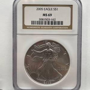 lot 52 image: 2005 American Silver Eagle  NGC Certified MS 69  Brilliant Uncirculated