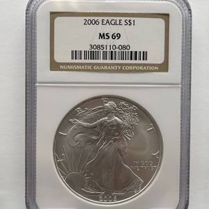 lot 53 image: 2006 American Silver Eagle  NGC Certified MS 69  20th Anniversary Year
