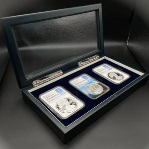 lot 32 image: 2018-W American Silver Eagle 3 Coin Set  NGC PF70 & MS70 First Day of Issue, Ultra Cameo, Burnished, etc.