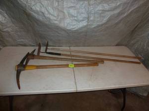 lot 220 image: Pick Axes x 2 , Garden Hoes x 2