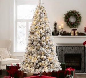 lot 324 image: Holiday Time 7.5ft Pre-Lit Flocked Lakewood Spruce Artificial Christmas Tree, 300 LED, Warm White, 7.5