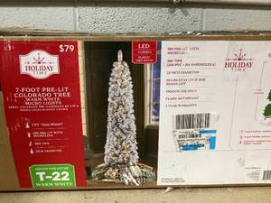 lot 319 image: Holiday Time 7 Pre-Lit Colorado Green Flocked Artificial Christmas Tree with Warm White LED Lights, by Holiday Time (Missing Hardware, No Legs)