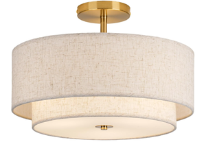 lot 118 image: CALOKES 16 Double Drum Gold 3-Light Semi Flush Mount Ceiling Light, Classic Fabric Linen Shade Design for Living Room, Bedroom, Kitchen, Dining Room, Hallway and Entryway (Maybe Missing Hardwear)
