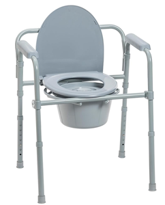 lot 132 image: Drive Medical 11148-1 Folding Steel Bedside Commode Chair, Portable Toilet, Supports Individuals Weighing Up To 350 Lbs, with 7.5 Qt. Bucket and 13.5 Inch Seat, Grey