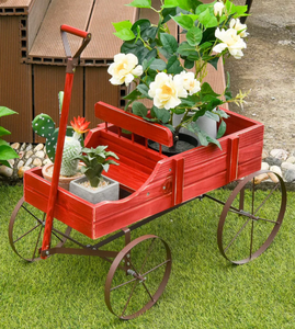 lot 135 image: Giantex Decorative Garden Planter, Small Wagon Cart with Metal Wheels, Wood Raised Beds Plant Pot Stand for Backyard Garden Patio 24.5x13.5x24 (Flowers NOT Included ONLY Wagon)