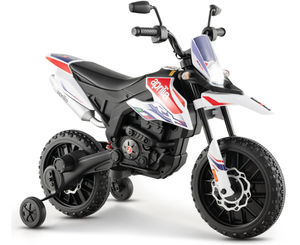lot 145 image: HONEY JOY Kids Motorcycle, 12V Aprilia Licensed Battery Powered Electric Vehicle Dirt Bike wTraining Wheels, Headlight & Music, Spring Suspension, Ride on Motorcycle, Gift for Boys Girls (White) USED