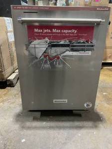 lot 283 image: KitchenAid 24 in. PrintShield Stainless Steel Top Control Built-In Tall Tub Dishwasher with Stainless Steel Tub, 44 dBA (Display Model. Transit Damage (See Pics)