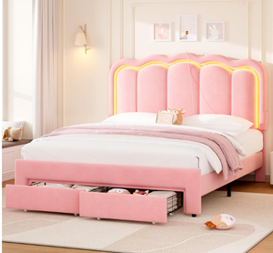 lot 60 image: Queen Upholstered LED Bed Frame with 2 Storage Drawers and Adjustable Chic Double Wavy Headboard, Pink