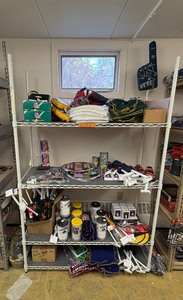 lot 121 image: Football tchotchkes flags, cups, blankets, key chains