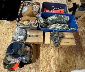 lot 147 image: Hunting orange and Camo hats, jackets and gloves
