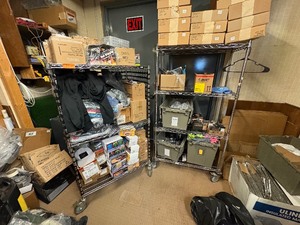 lot 168 image: 2 NSF Metal rolling shelves, H 69 x 2 x 3 and H60 x 2 x 3