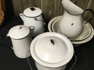 lot 226 image: 8 Pc Black and White Vintage Enamelware