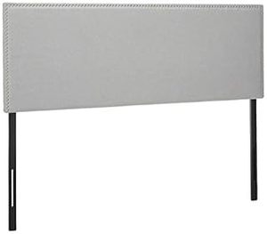 lot 18 image: Zinus Jake Upholstered Nailhead Rectangular Headboard in Light Grey, Queen (B079SMB815)