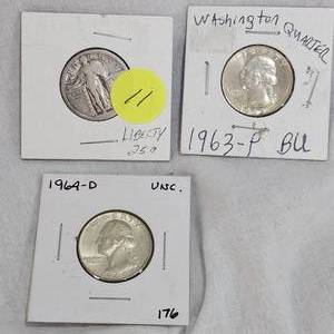 lot 11 image: 3-Silver Quarters in Cards