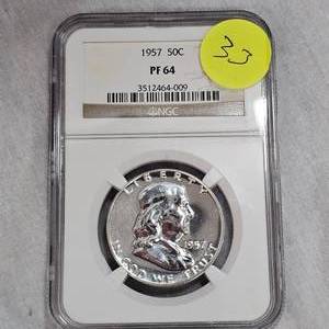 lot 33 image: 1957 Franklin 50c NGC PF64