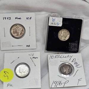 lot 65 image: 4-Mercury Dimes 10c