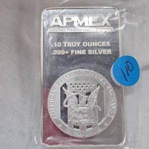 lot 110 image: APMEX 10 Troy Ounce, .999 Silver Bar, Sealed, UNC