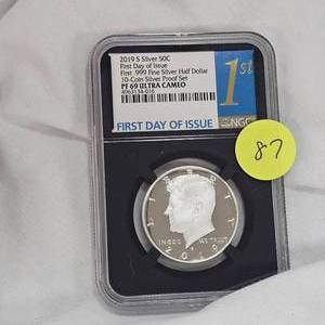 lot 87 image: 2019 S Silver 1st Day Issue Kennedy 50c NGC PF69 Ultra Cameo