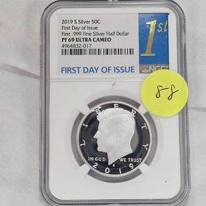 lot 88 image: 2019 S Silver 1st Day Issue Kennedy 50c NGC PF69 Ultra Cameo