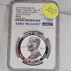 lot 100 image: 2017 BU Island S $1 Kennedy Rev PF 100th Anniversary NGC PF66, Early Release