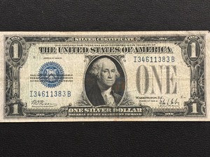 lot 11 image: 1928 B Blue Seal $1 Dollar Silver Certificate Funnyback