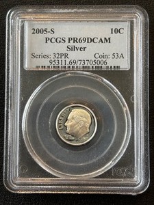 lot 81 image: 2005-S Roosevelt Silver Dime Proof PCGS PR69 Deep Cameo