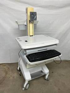 lot 38 image: WOW MSRP $4000 Ergotron SV32-91211 StyleView PHD LCD Cart with 1 Drawer&nbspIndustrial Grade Mobile Laptop Or Stand UpSit Computer Workstation Height Adjustable Platform Medical COW Cart Desk - Battery Untested - No Key