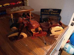 lot 150 image: (2) Wooden Car & Wooden Motorcycle Models