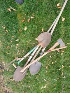 lot 234 image: Misc Long-Handled Tools - Shovels, Axe, Weed Cutter