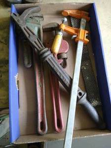 lot 278 image: (2) Pipe Wrenches, Vintage Nail Puller & Rasp