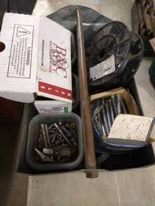 lot 312 image: Bin of Misc Hardware & Roll of 116 Galvanized Cable