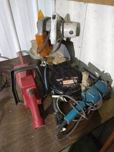 lot 341 image: Miter Saw, Angle Grinder, Retractable Light, Etc