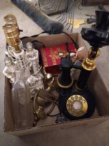lot 359 image: Box of Misc. Phone, Brass Door Knocker, Lamps, Etc
