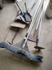 lot 381 image: Rake, Broom, Riding Crop, Dust Pans, Scraper, Etc