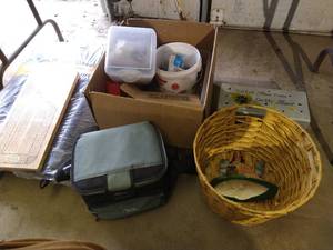 lot 396 image: Misc Lot- Car Seat Covers, Cribbage Board, Hardware, Lunch Cooler