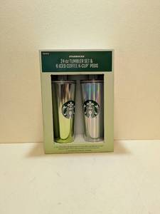 lot 1 image: STARBUCKS 24OZ. TUMBLER SET & 6 ICED COFFEE K-CUP PODS