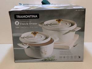 lot 40 image: TRAMONTINA ENAMELED CAST IRON DUTCH OVENS 2PK.