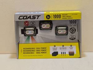 lot 41 image: COAST RECHARGEABLE DUAL POWER HEADLAMPS 3PK.