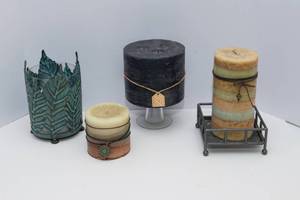 lot 19 image: Set of Decorative Candles  Three Large & One Battery-Operated with Holder