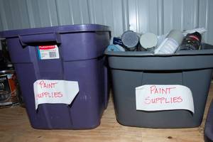 lot 182 image: Two Totes of Painting Supplies  Brushes, Spray Paint & More