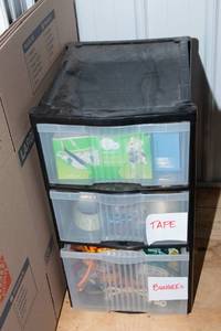 lot 201 image: Plastic 3-Shelf Storage Container with Supplies