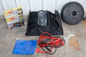 lot 241 image: Car Accessories  Jumper Cables, Battery Charger, Tarp & Storage Bag