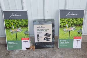 lot 243 image: Outdoor Eating Items  Garden Table Stakes & 9-in-1 Collapsible Cookware Set