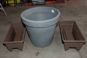 lot 294 image: Set of Three Planters  Two Deck Railing Planters and One Large Pot
