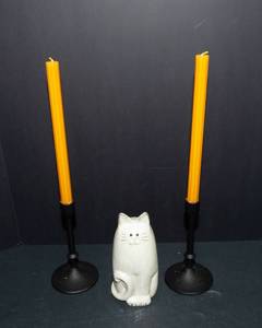 lot 277 image: Kitty Figurine, Candlesticks & Black Candle Holders