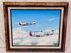 lot 6 image: Vintage Framed Aviation Painting by Mel Brown featuring two P-47D Thunderbolt aircraft from the 61st Fighter Squadron, 56th Fighter Group of the 8th Air Force