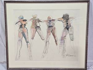lot 8 image: Oil and Pencil John Dawson Framed Sketch of Four Abstract Figures in Motion - Approx. 29 x 24 12