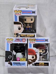 lot 27 image: Funko Pop Vinyl Figures Collection Happy Gilmore (#890), Otto from Happy Gilmore (#892), and a Hot Topic exclusive Flocked Penguin with Cocktail from Billy Madison (#899)